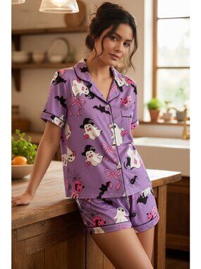 Ghost Button-Down Chest Pocket Top Shorts Halloween Lounge Set Matching Pajamas